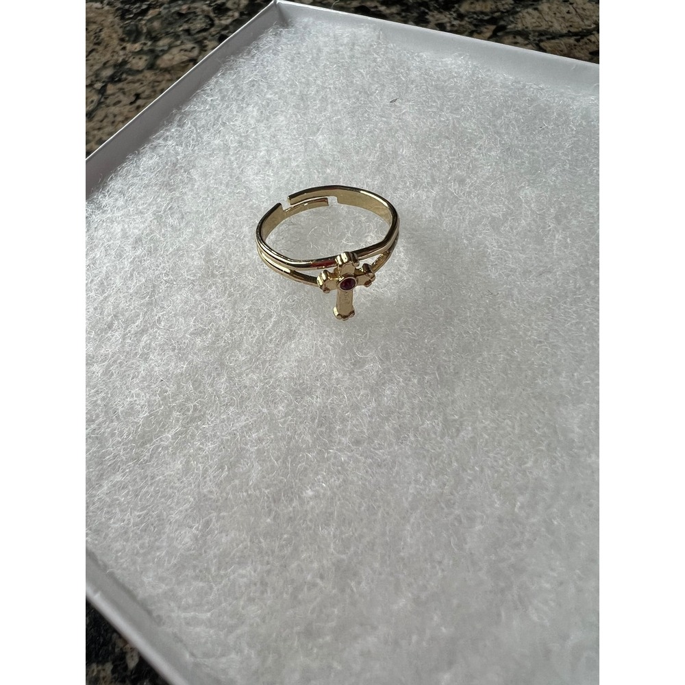 Gold Tone Adjustable Cross Ring with Red Rhinestone Religious Jewelry